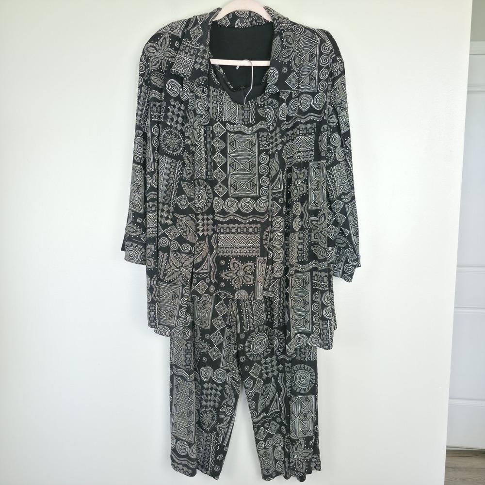 Vtg VIKKI VI Black White Symbols  Slinky Knit Open Front Jacket 3pcs. Set 2X.A36